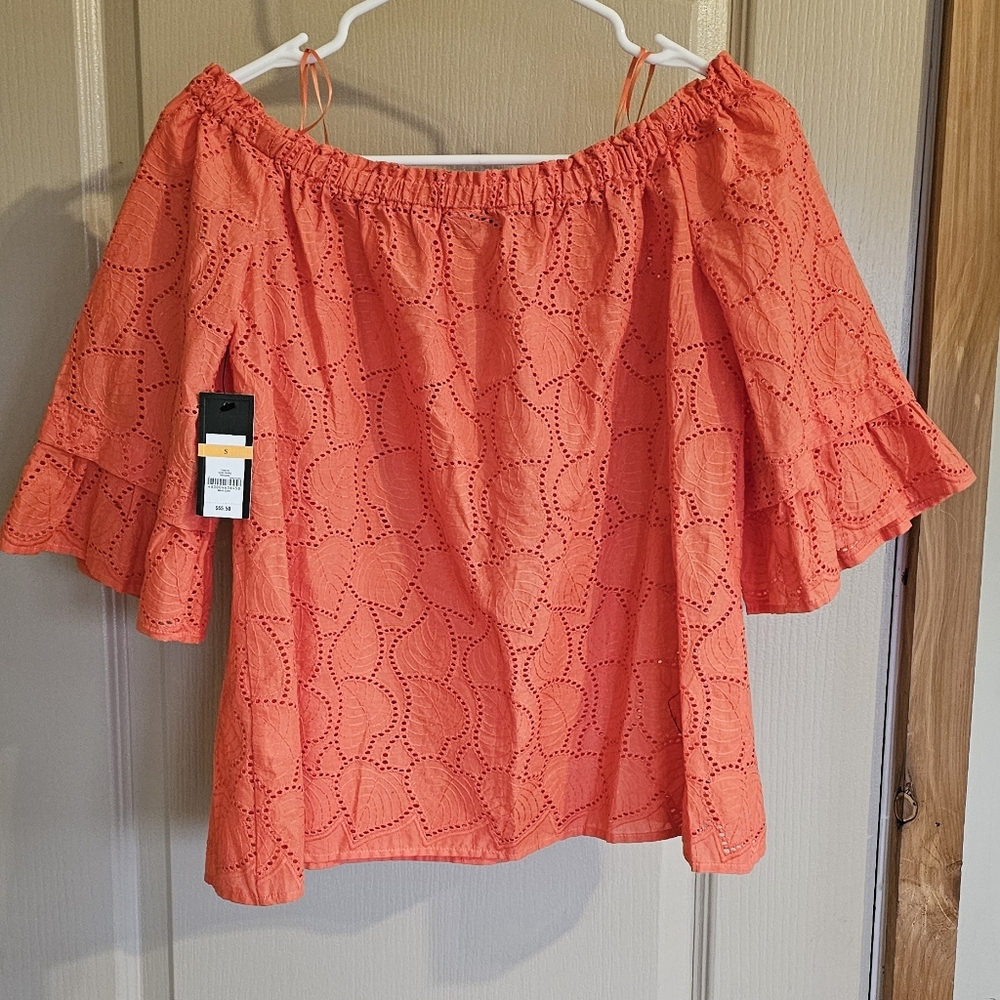 NWT Crown & Ivy Orange Off Shoulder Eyelet Cotton Large Top Small - Picture 2 of 5